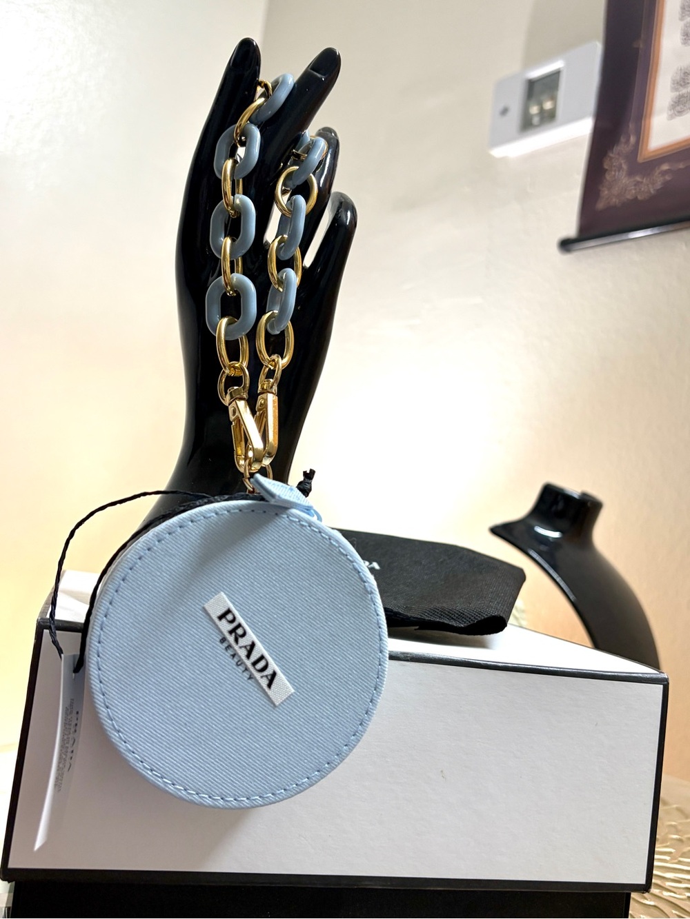 Prada Light Blue Round Coin Pouch with Gold-Tone Chain - Picture 5 of 11